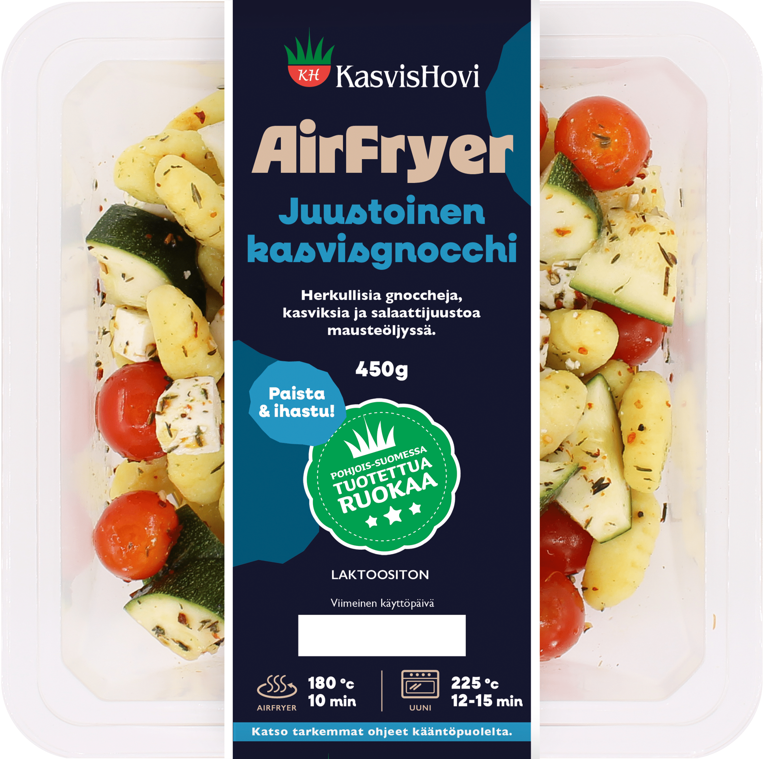 Juustoinen kasvisgnocchi Airfryerissa, perunagnoccheja, kasviksia ja salaattijuustoa mausteöljyssä. Laktoositon valmisateria 1–2 hengelle.