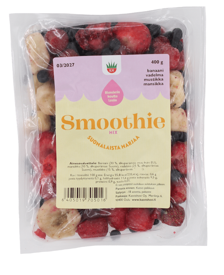 Kasvishovin smoothiemix suomalaisista marjoista, joiden sekaan on lisätty banaania.