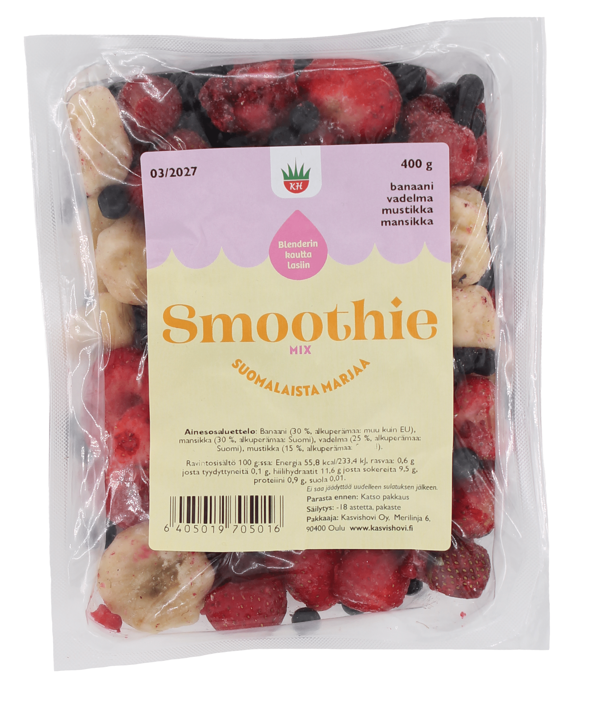 Kasvishovin smoothiemix suomalaisista marjoista, joiden sekaan on lisätty banaania.