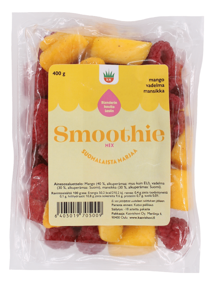 Kasvishovin smoothiemix suomalaisista marjoista, joiden sekaan on lisätty mangoa.