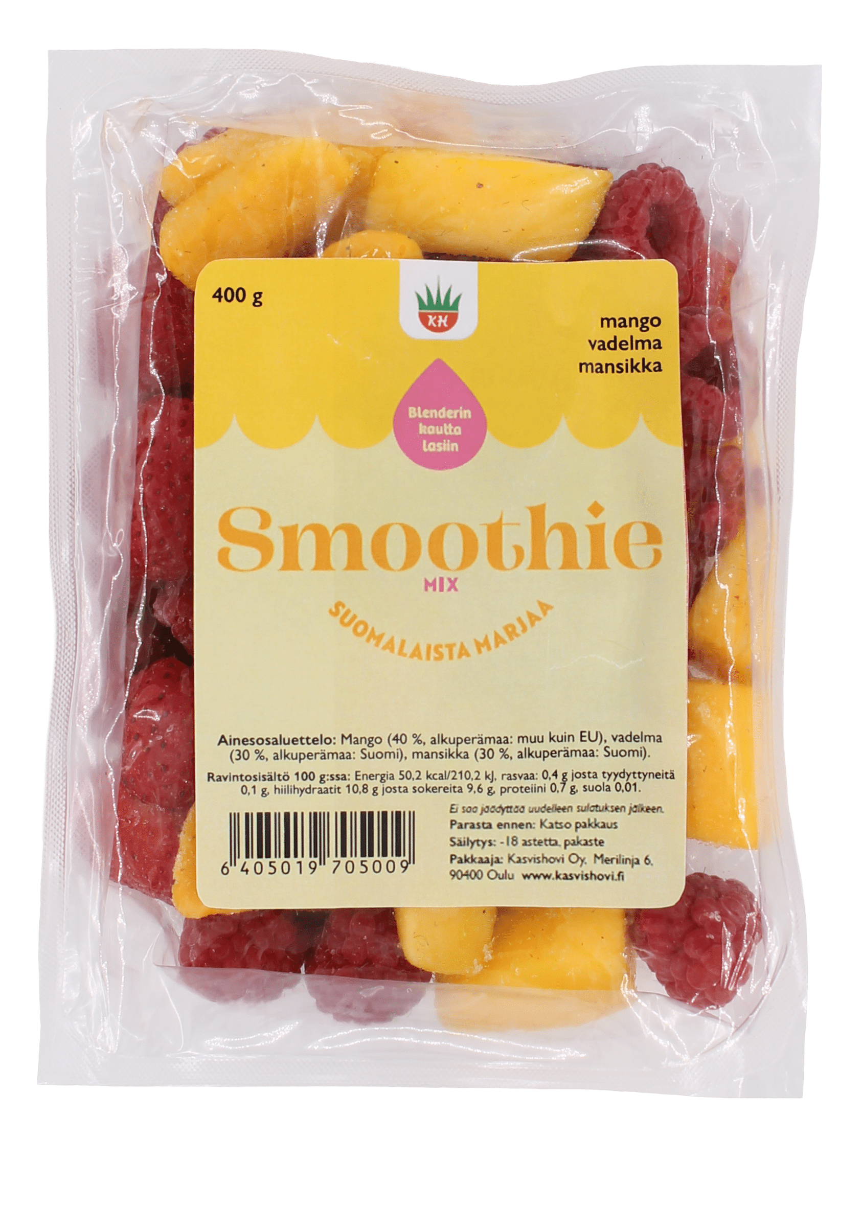 Kasvishovin smoothiemix suomalaisista marjoista, joiden sekaan on lisätty mangoa.